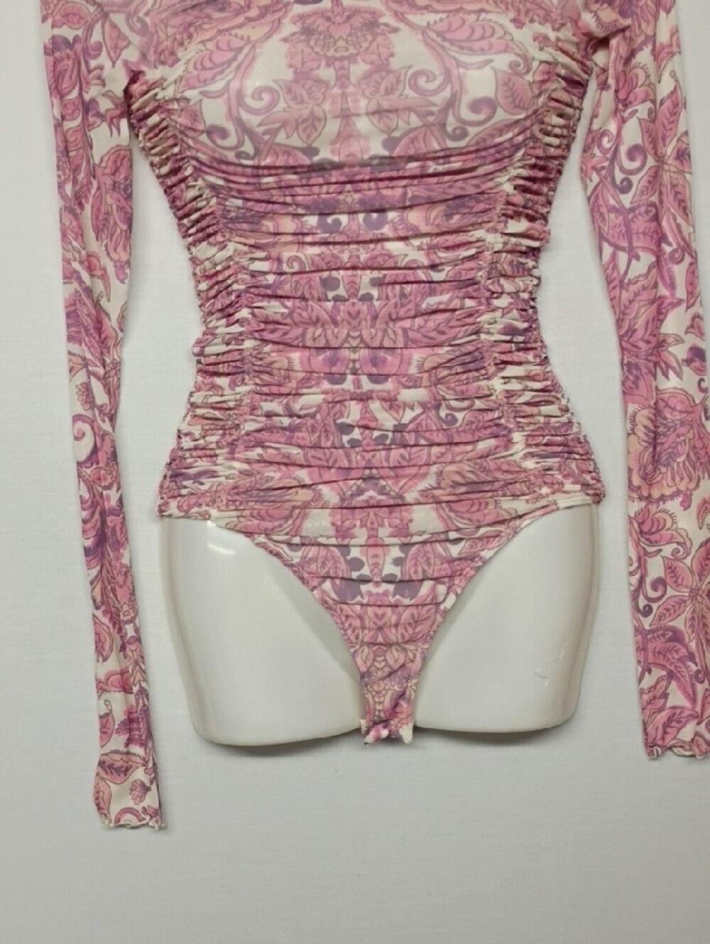 Free People Pink Paisley Ruched SHEER Turtleneck Bodysuit - Picture 6 of 11